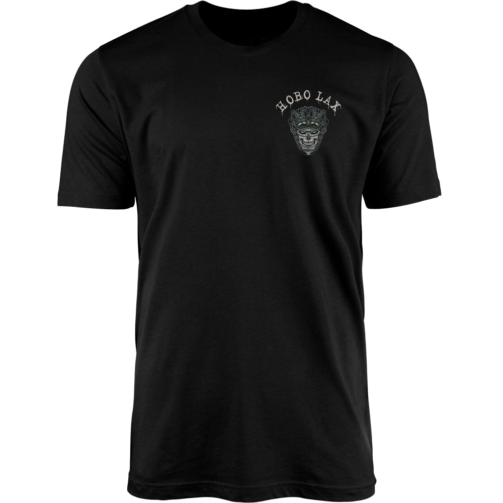 Tactical Clear lacrosse tee in black, front view with the small Hobo Lax night-vision skull logo on the left chest