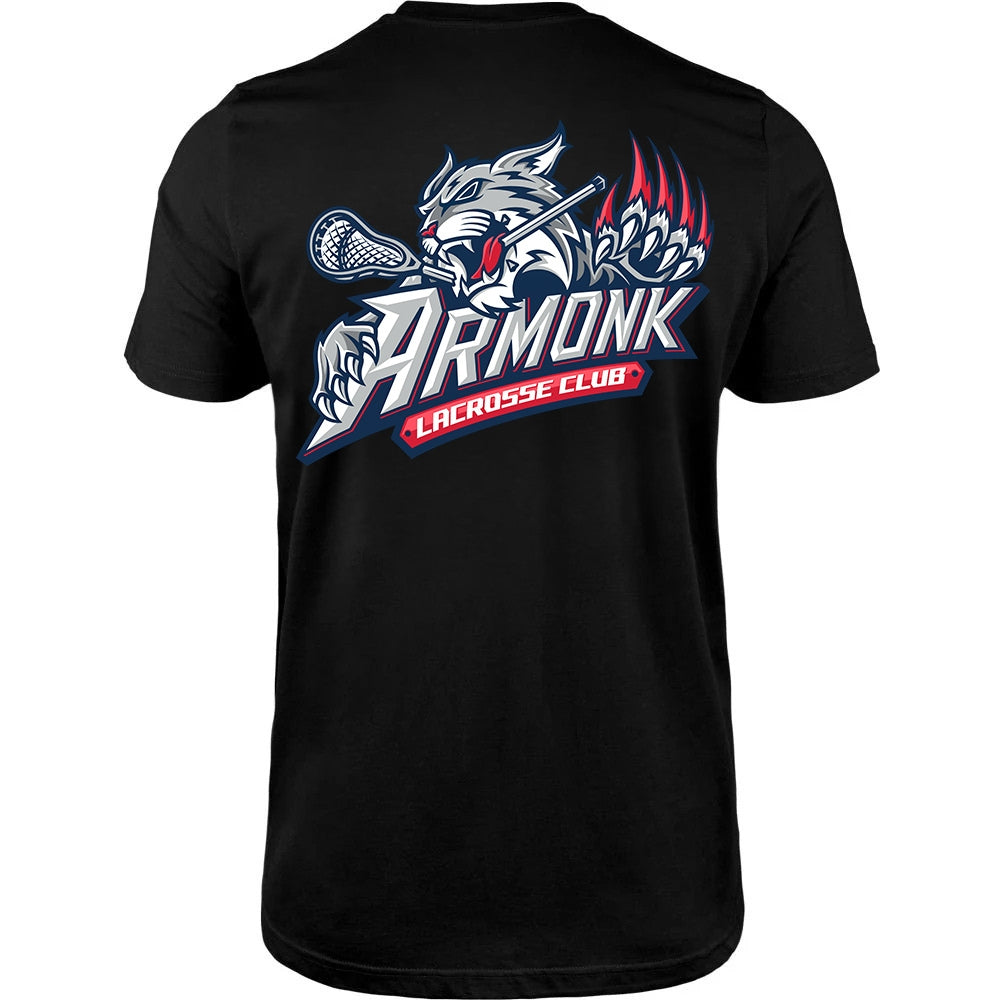 Adult Tee - Armonk Lacrosse in black, back view, wildcat holding lacrosse stick with ARMONK LACROSSE CLUB text