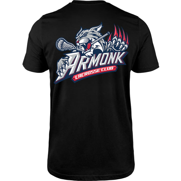 Adult Tee - Armonk Lacrosse in black, back view, wildcat holding lacrosse stick with ARMONK LACROSSE CLUB text