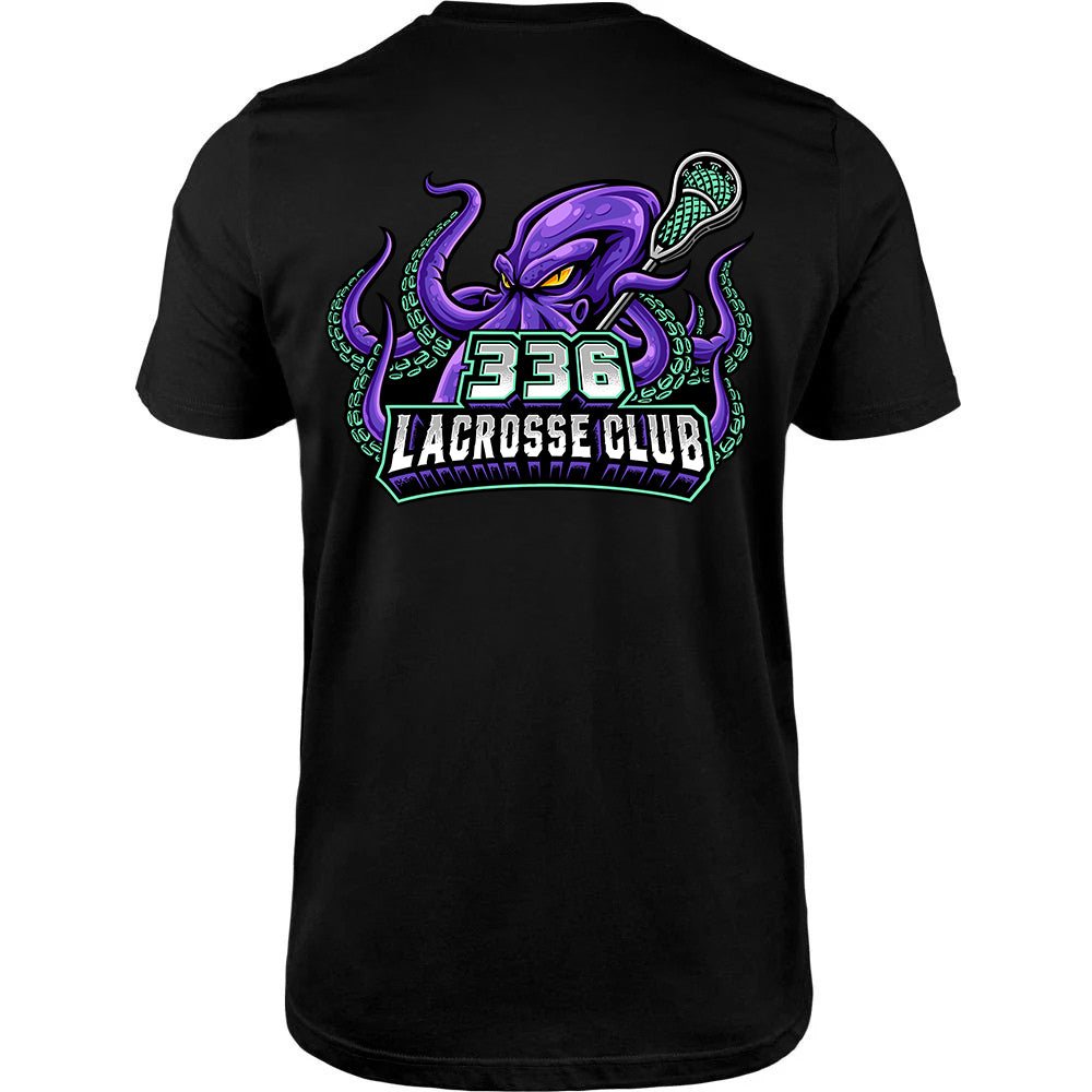 Adult Tee - 336 Lacrosse Club in black, back view, purple octopus holding lacrosse stick with 336 Lacrosse Club text