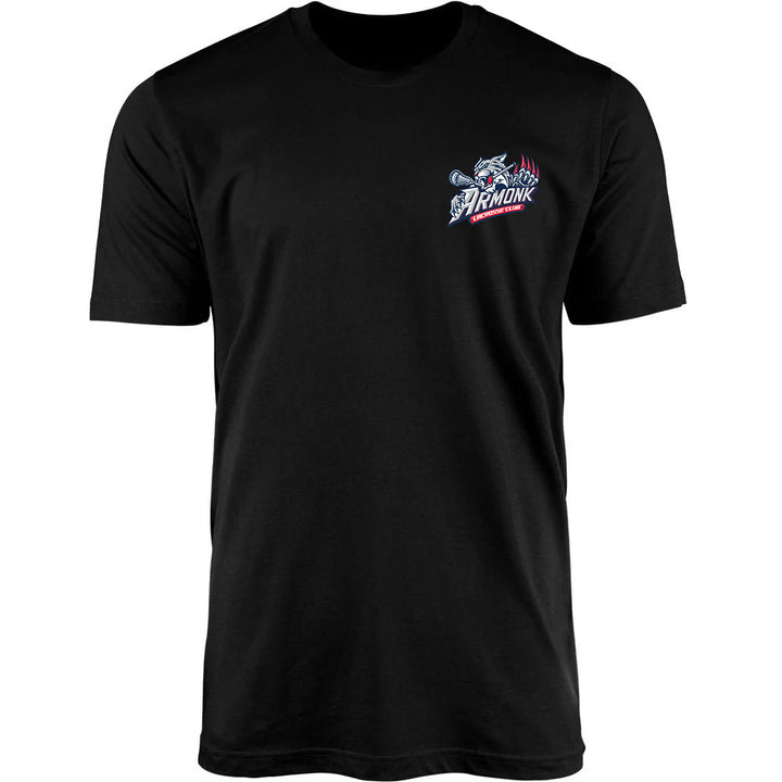Adult Tee - Armonk Lacrosse in black, front view, Armonk lacrosse club with stylized wolf head