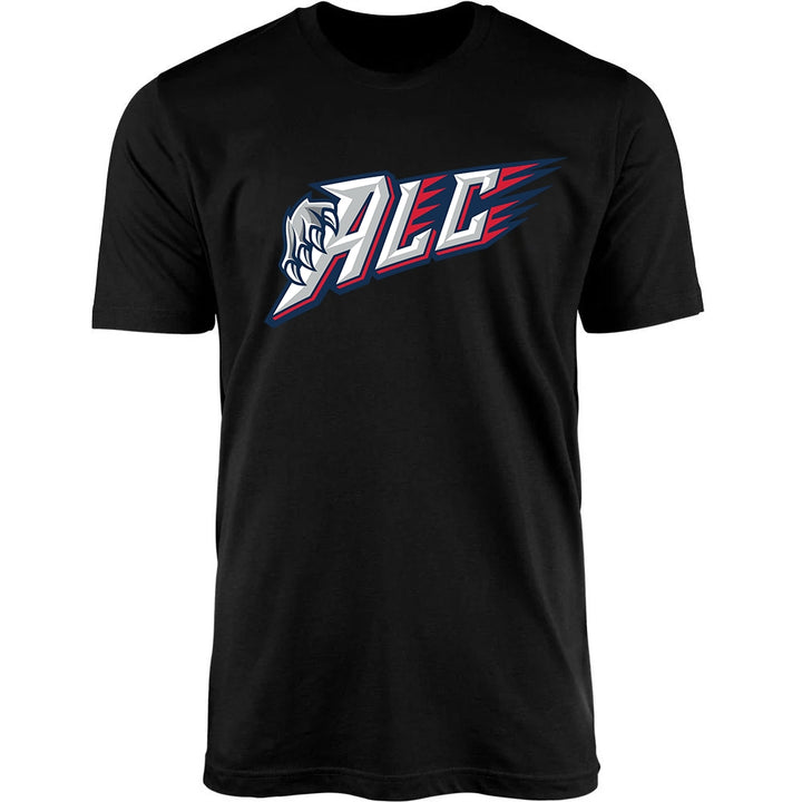Adult Tee - ALC in black, front view, ALC text with claw graphic and red streaks