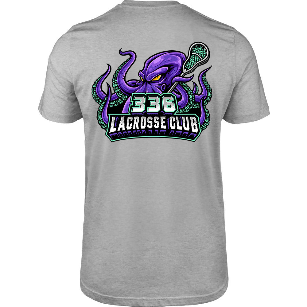 Adult Tee - 336 Lacrosse Club in heather grey, back view, purple octopus holding lacrosse stick with 336 Lacrosse Club text