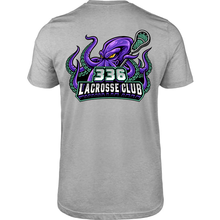 Adult Tee - 336 Lacrosse Club in heather grey, back view, purple octopus holding lacrosse stick with 336 Lacrosse Club text