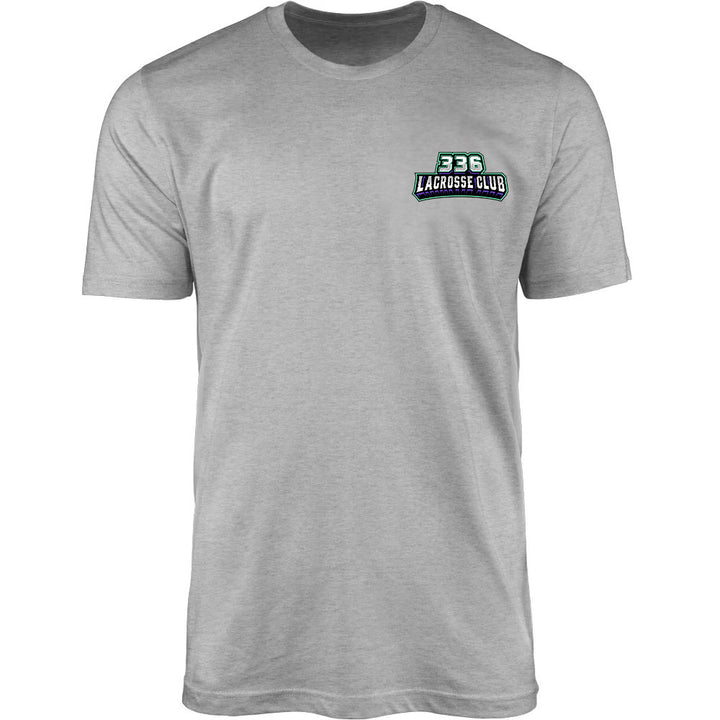 Adult Tee - 336 Lacrosse Club in heather grey, front view, 336 LACROSSE CLUB text logo