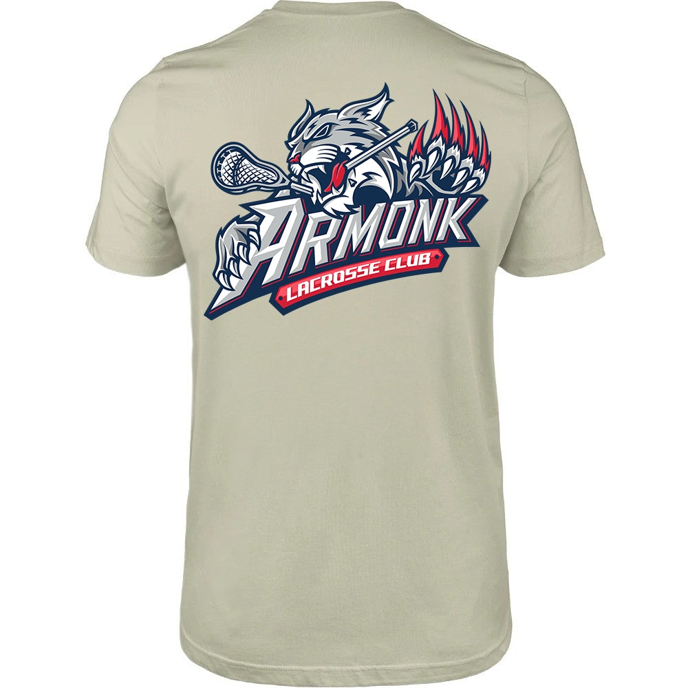 Adult Tee - Armonk Lacrosse in sand, back view, wildcat holding lacrosse stick with ARMONK LACROSSE CLUB text