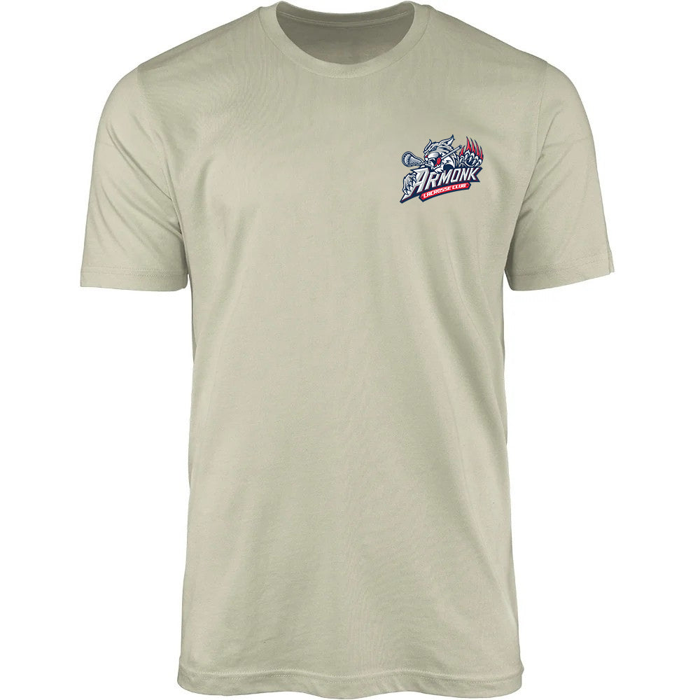 Adult Tee - Armonk Lacrosse in sand, front view, Armonk lacrosse team logo with lacrosse stick and claw