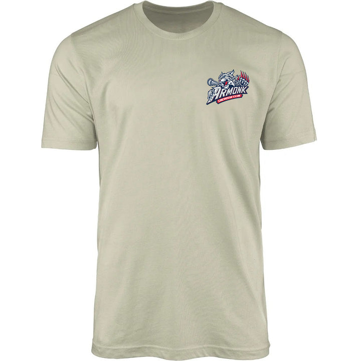 Adult Tee - Armonk Lacrosse in sand, front view, Armonk lacrosse team logo with lacrosse stick and claw