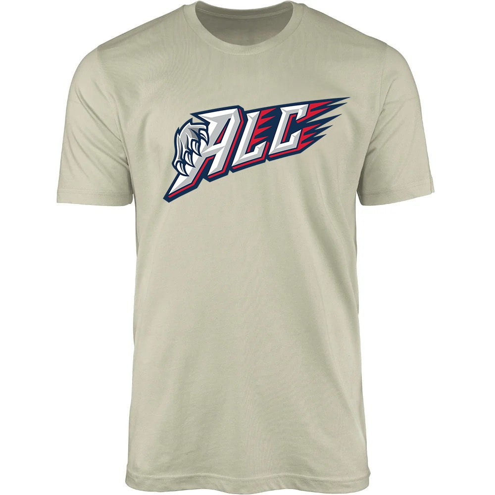 Adult Tee - ALC in sand, front view, ALC letters with claw graphic and red streaks