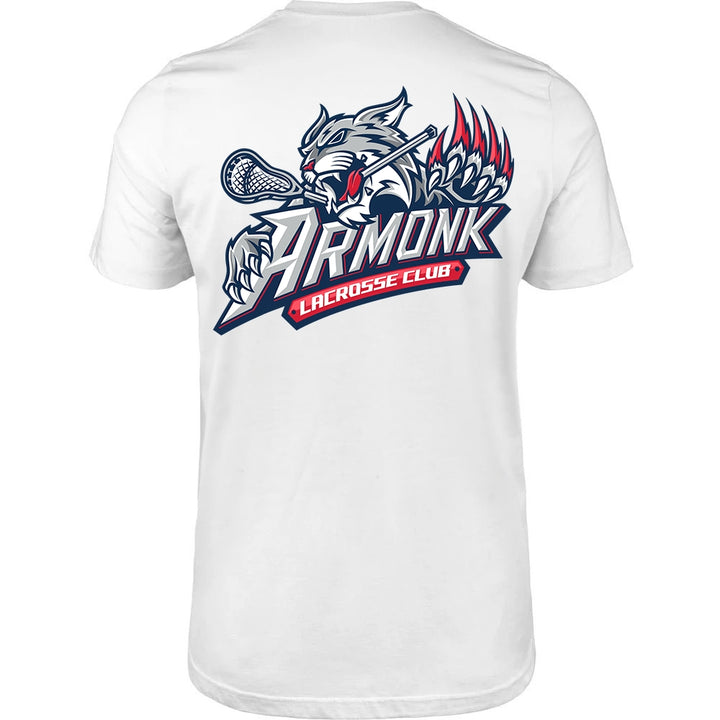 Adult Tee - Armonk Lacrosse in white, back view, wildcat holding lacrosse stick with Armonk Lacrosse Club text