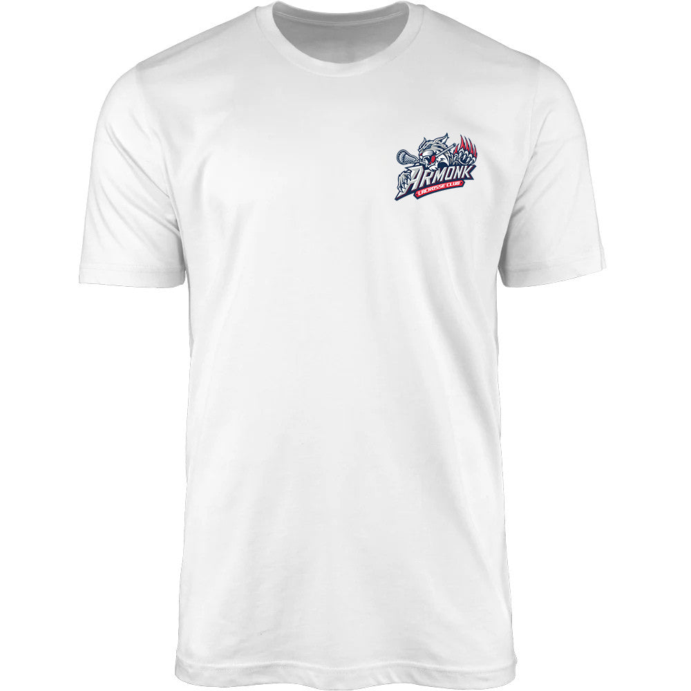 Adult Tee - Armonk Lacrosse in white, front view, Armonk lacrosse club text with mascot graphic