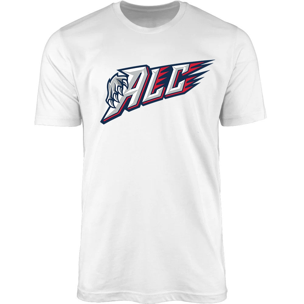 Adult Tee - ALC in white, front view, ALC letters with claw and red streaks