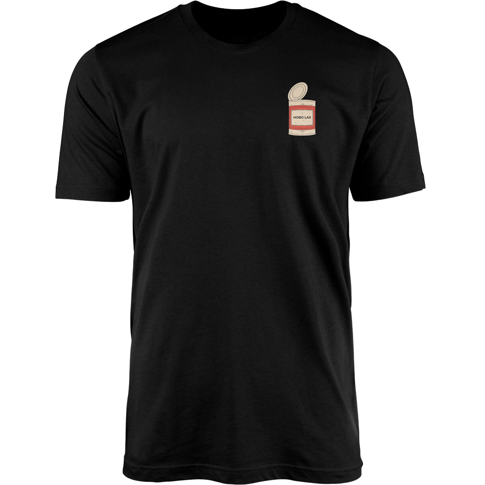 Black t-shirt with a small can opener lacrosse t-shirt on the chest