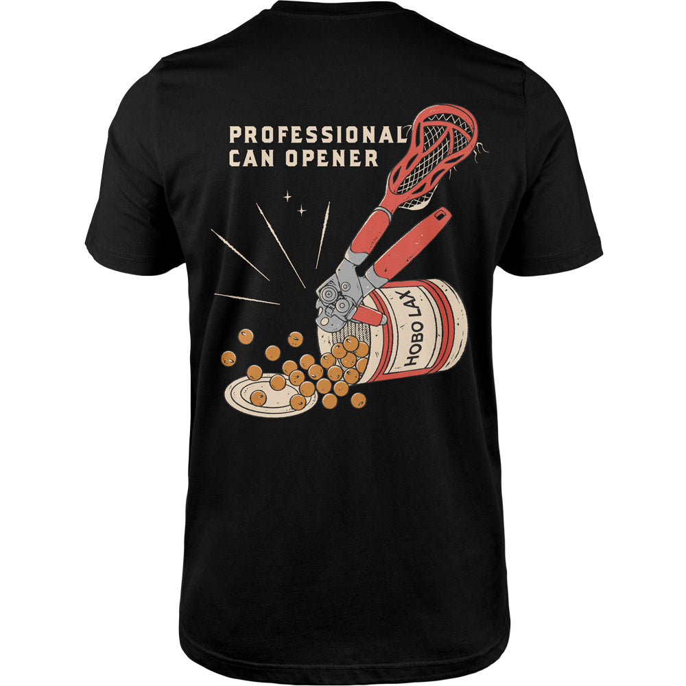 Black lacrosse t-shirt with a graphic of a can opener and a can, labeled 'Professional Can Opener', on a white background.