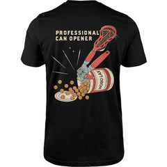Black lacrosse t-shirt with a graphic of a can opener and a can, labeled 'Professional Can Opener', on a white background.