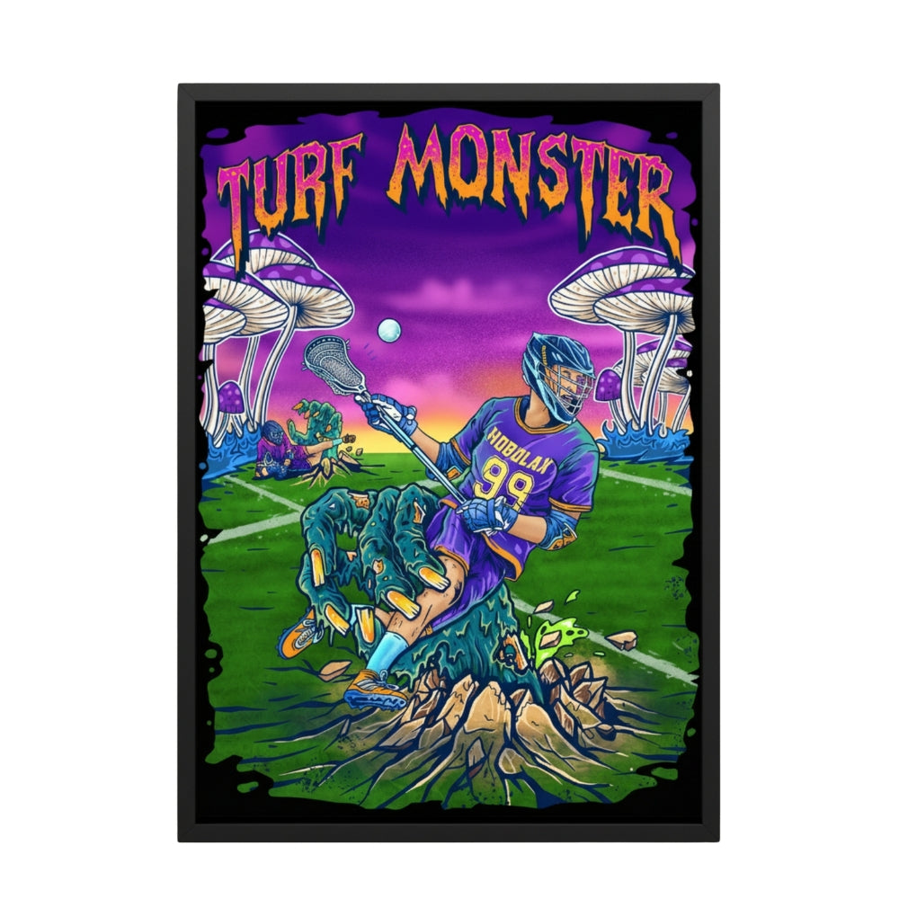 Hobo Lax Turf Monster lacrosse poster featuring player being pulled into ground by monster with psychedelic mushrooms
