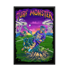 Hobo Lax Turf Monster lacrosse poster featuring player being pulled into ground by monster with psychedelic mushrooms
