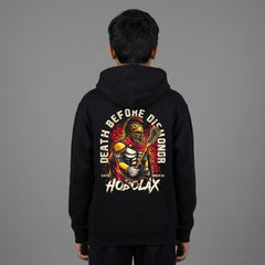 Death Before Dishonor youth black lacrosse hoodie with warrior in armor holding lacrosse stick design with gold and crimson accents from Hobo Lax