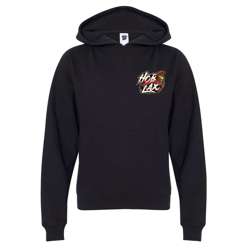 Death Before Dishonor youth black lacrosse hoodie with warrior in armor holding lacrosse stick design with gold and crimson accents from Hobo Lax