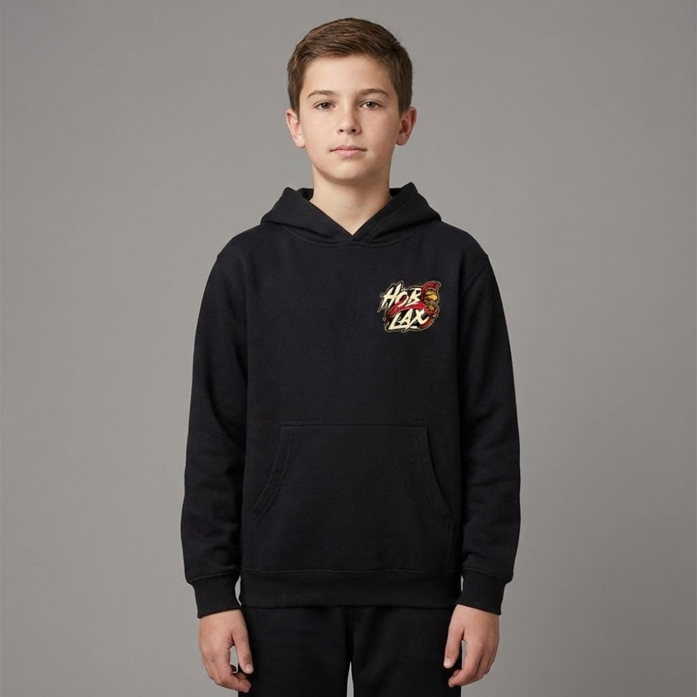 Death Before Dishonor youth black lacrosse hoodie with warrior in armor holding lacrosse stick design with gold and crimson accents from Hobo Lax