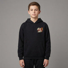 Death Before Dishonor youth black lacrosse hoodie with warrior in armor holding lacrosse stick design with gold and crimson accents from Hobo Lax