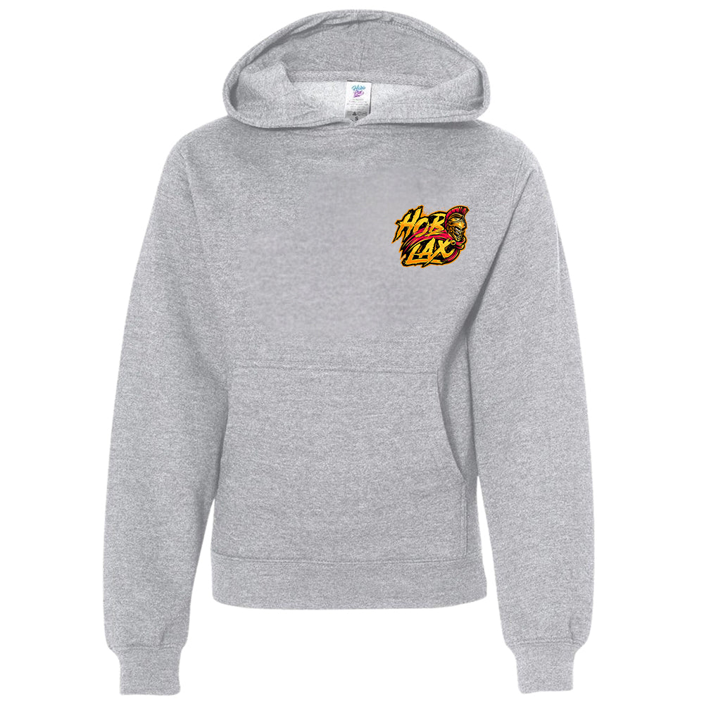 Death Before Dishonor youth black lacrosse hoodie with warrior in armor holding lacrosse stick design with gold and crimson accents from Hobo Lax