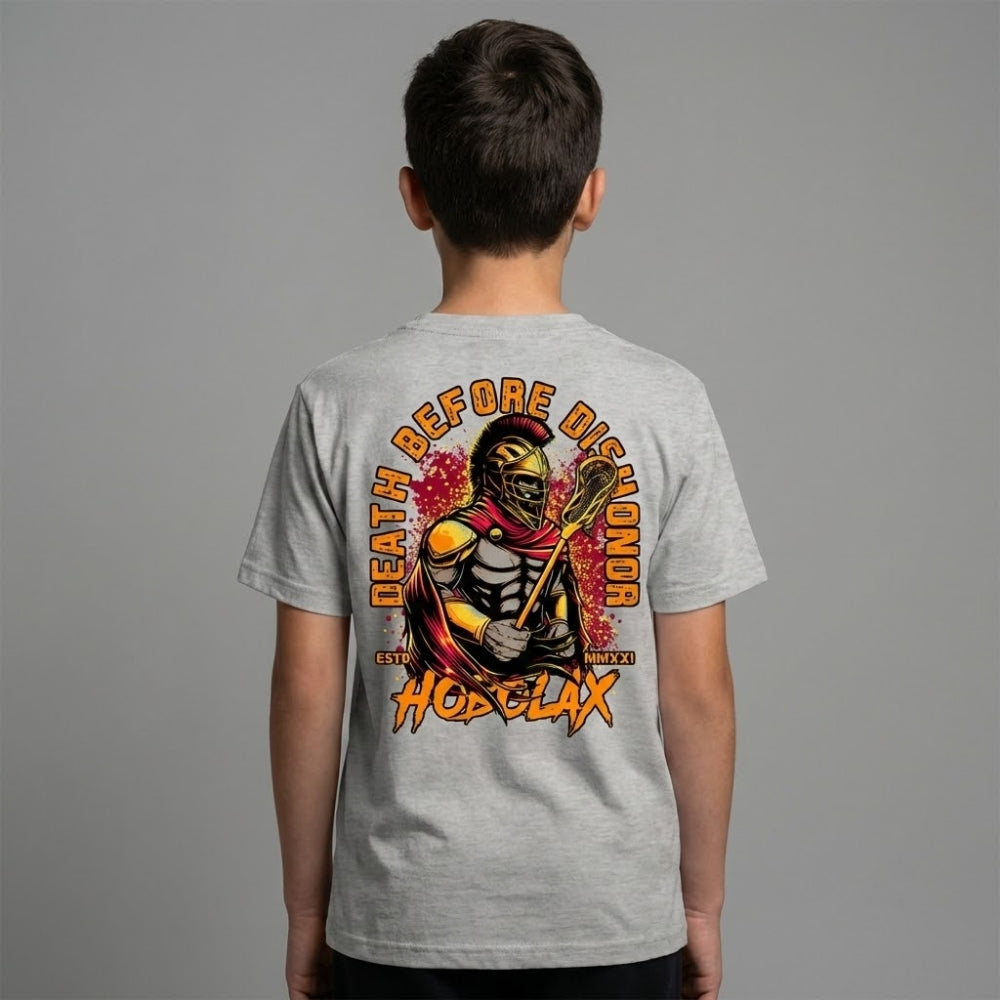 Death Before Dishonor youth lacrosse t-shirt with warrior in armor holding lacrosse stick design on sand colored tee from Hobo Lax