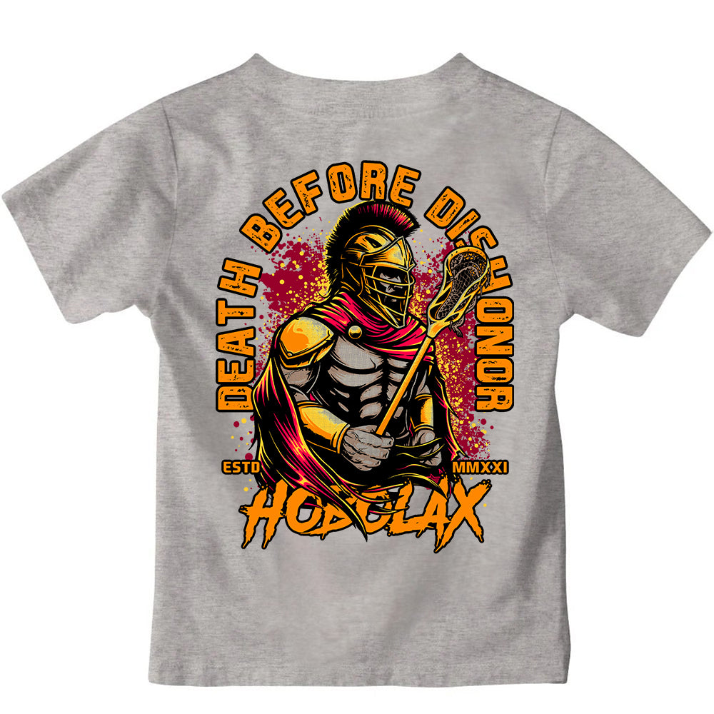Death Before Dishonor youth lacrosse t-shirt with warrior in armor holding lacrosse stick design on sand colored tee from Hobo Lax