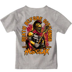 Death Before Dishonor youth lacrosse t-shirt with warrior in armor holding lacrosse stick design on sand colored tee from Hobo Lax