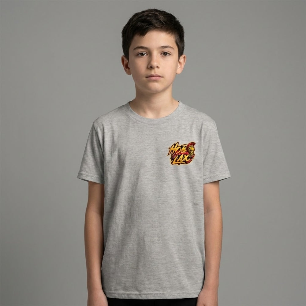 Death Before Dishonor youth lacrosse t-shirt with warrior in armor holding lacrosse stick design on sand colored tee from Hobo Lax