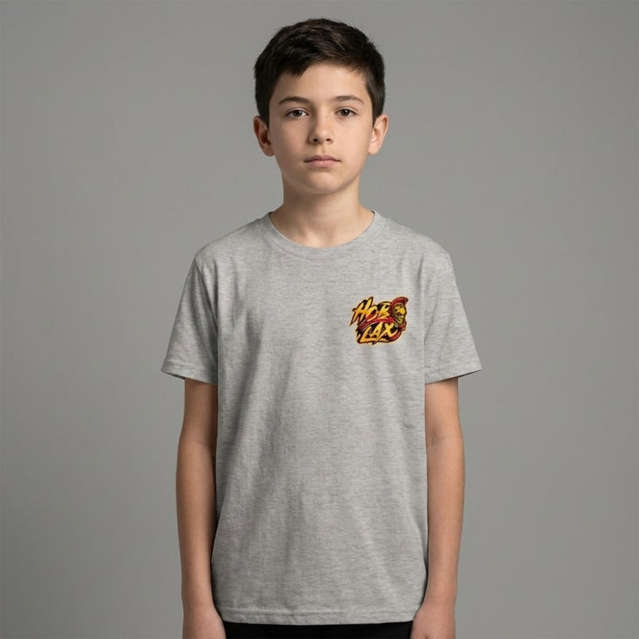 Death Before Dishonor youth lacrosse t-shirt with warrior in armor holding lacrosse stick design on sand colored tee from Hobo Lax