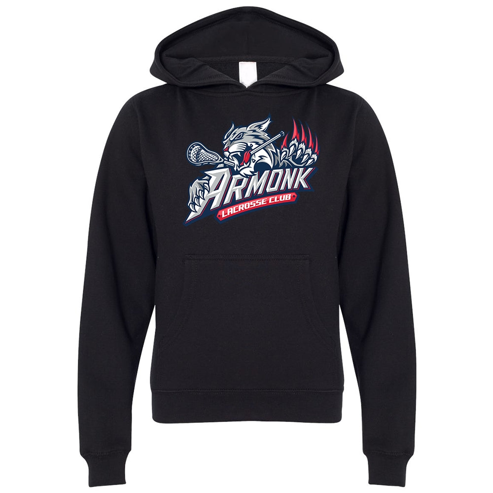 Youth Hoodie - Armonk Lacrosse in black, front view, wildcat holding lacrosse stick with Armonk Lacrosse Club text