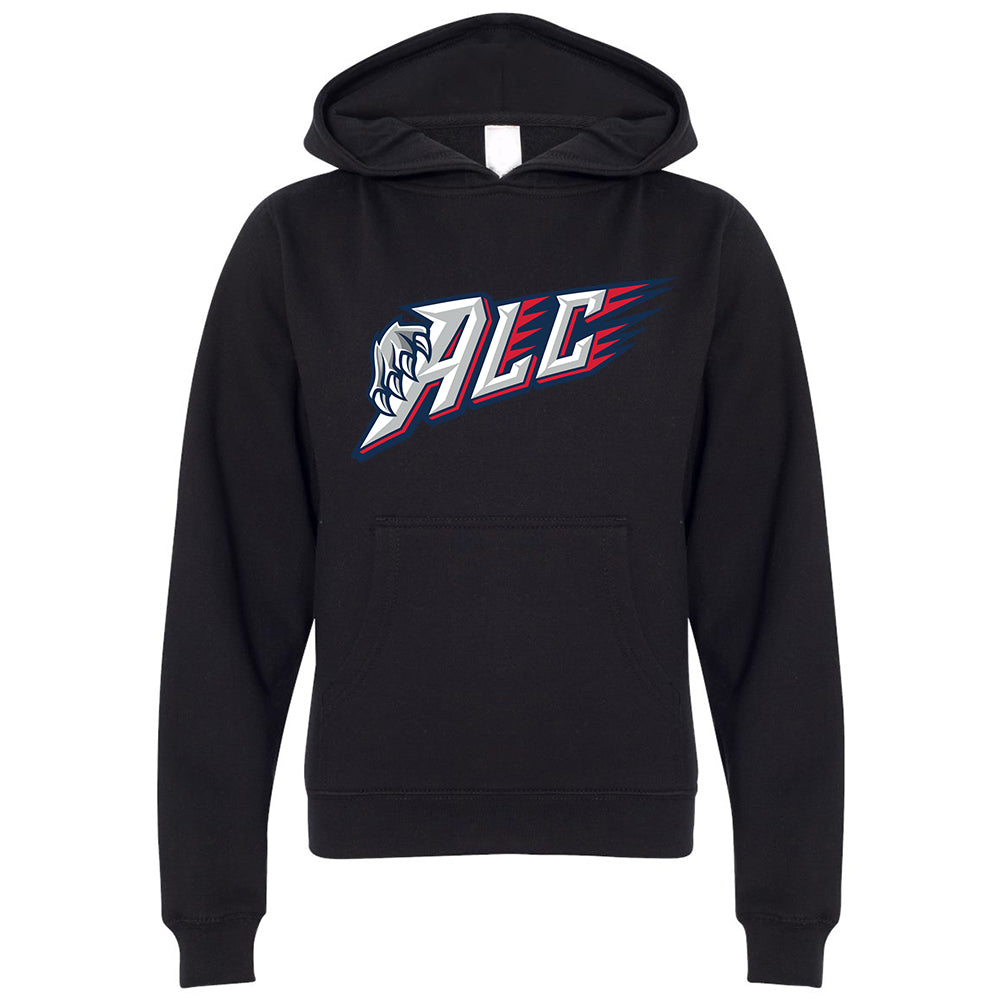 Youth Hoodie - ALC in black, front view, ALC letters with claw graphic and red streaks