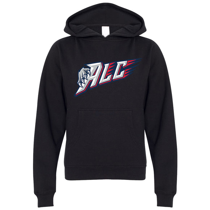 Youth Hoodie - ALC in black, front view, ALC letters with claw graphic and red streaks