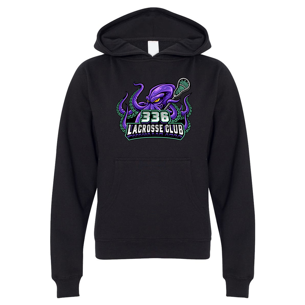 Youth Hoodie - 336 Lacrosse Club in black, front view, purple octopus holding lacrosse stick with &