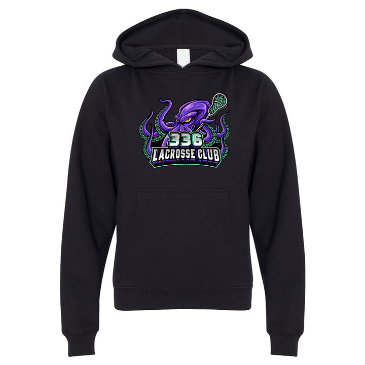Youth Hoodie - 336 Lacrosse Club in black, front view, purple octopus holding lacrosse stick with &