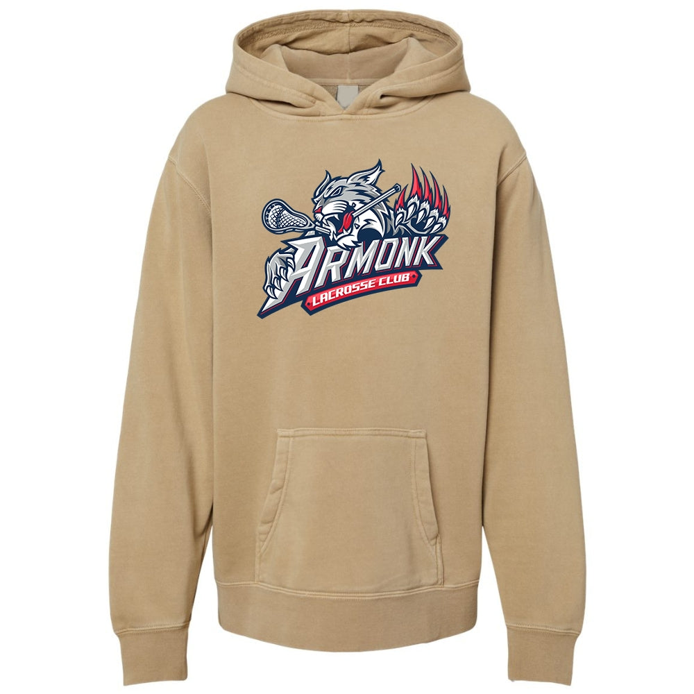 Youth Hoodie - Armonk Lacrosse in pigment camel, front view, wildcat holding lacrosse stick with Armonk Lacrosse Club text