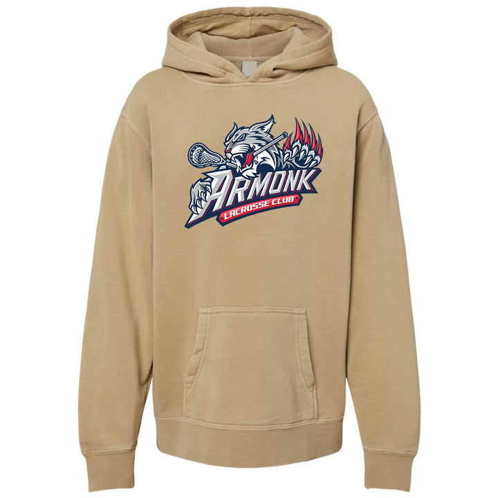 Youth Hoodie - Armonk Lacrosse in pigment camel, front view, wildcat holding lacrosse stick with Armonk Lacrosse Club text