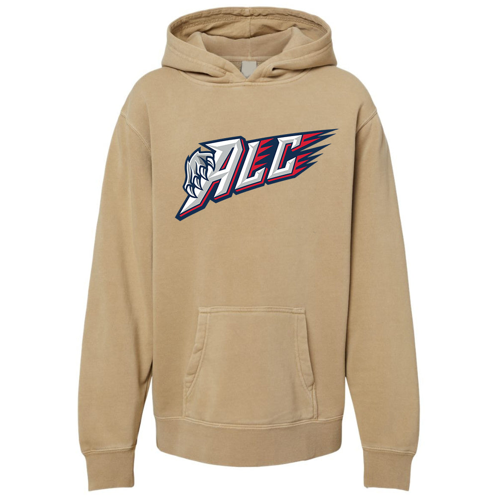 Youth Hoodie - ALC in pigment camel, front view, ALC text with claw graphic