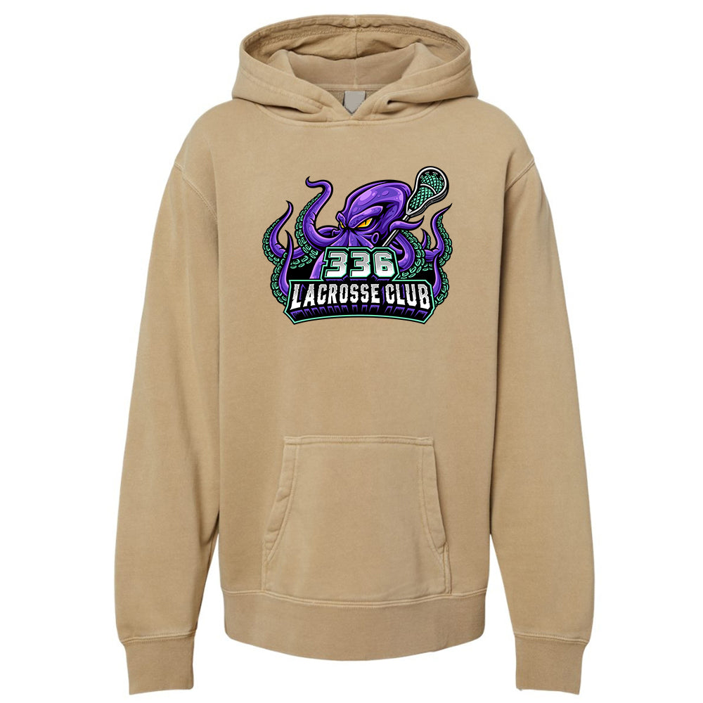Youth Hoodie - 336 Lacrosse Club in pigment camel, purple octopus holding lacrosse stick with &