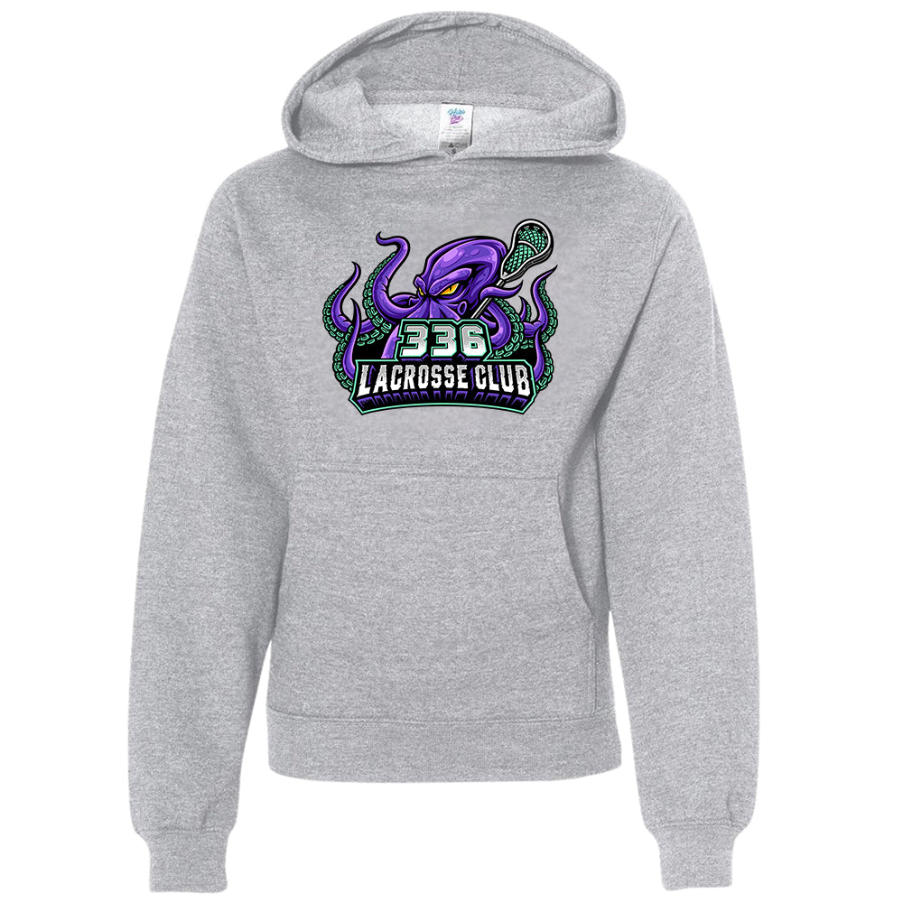 Youth Hoodie - 336 Lacrosse Club in heather grey, purple octopus holding lacrosse stick with 336 Lacrosse Club text