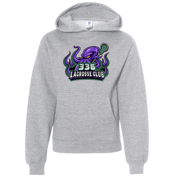 Youth Hoodie - 336 Lacrosse Club in heather grey, purple octopus holding lacrosse stick with 336 Lacrosse Club text