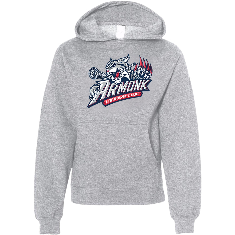 Youth Hoodie - Armonk Lacrosse in heather grey, front view, wildcat holding lacrosse stick with Armonk Lacrosse Club text