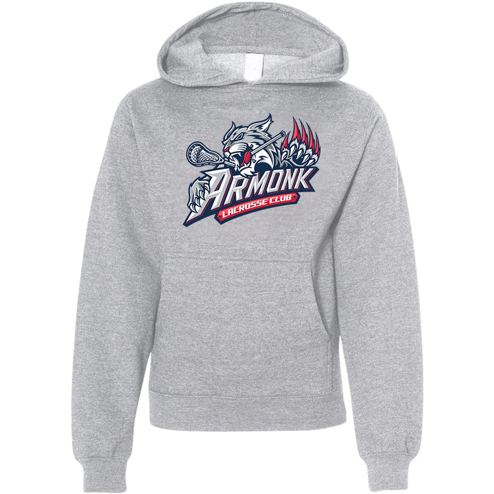 Youth Hoodie - Armonk Lacrosse in heather grey, front view, wildcat holding lacrosse stick with Armonk Lacrosse Club text