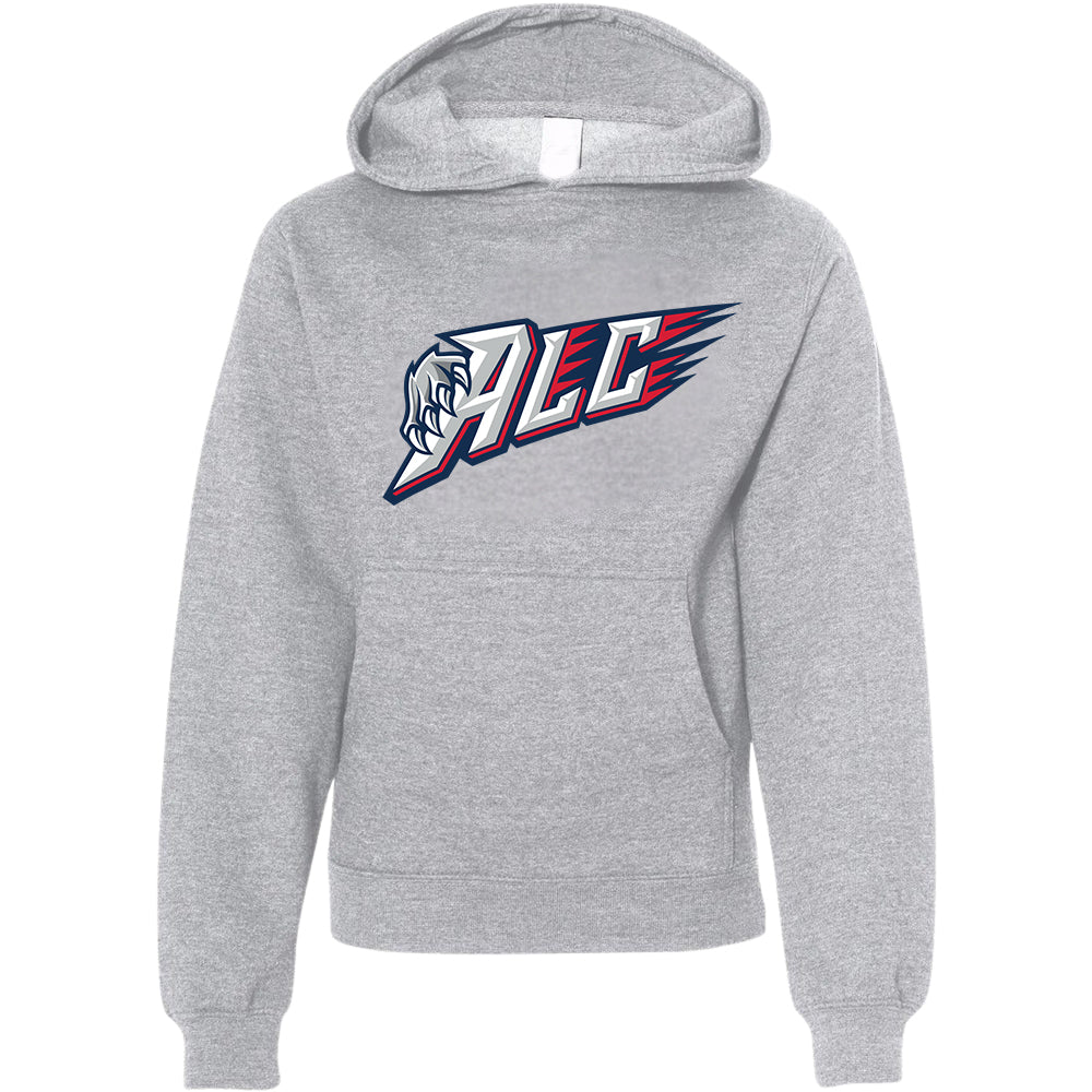 Youth Hoodie - ALC in heather grey, front view, ALC with claw graphic