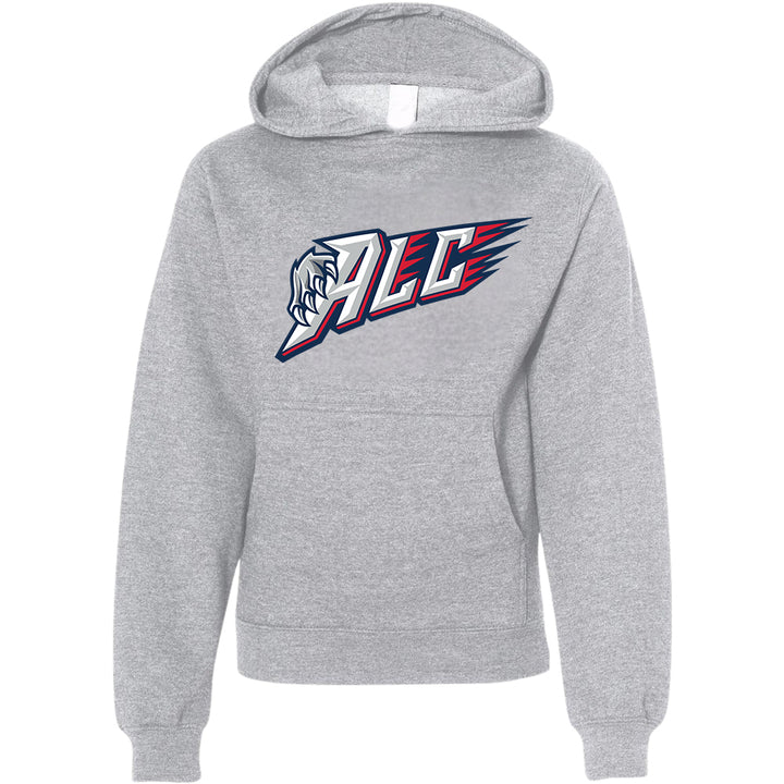 Youth Hoodie - ALC in heather grey, front view, ALC with claw graphic