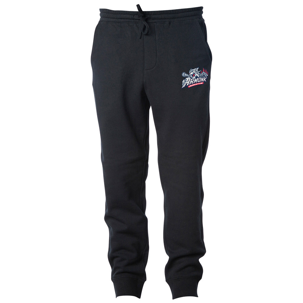 Youth Joggers - Armonk Lacrosse in black, front view, Armonk lacrosse logo with wolf and claw marks