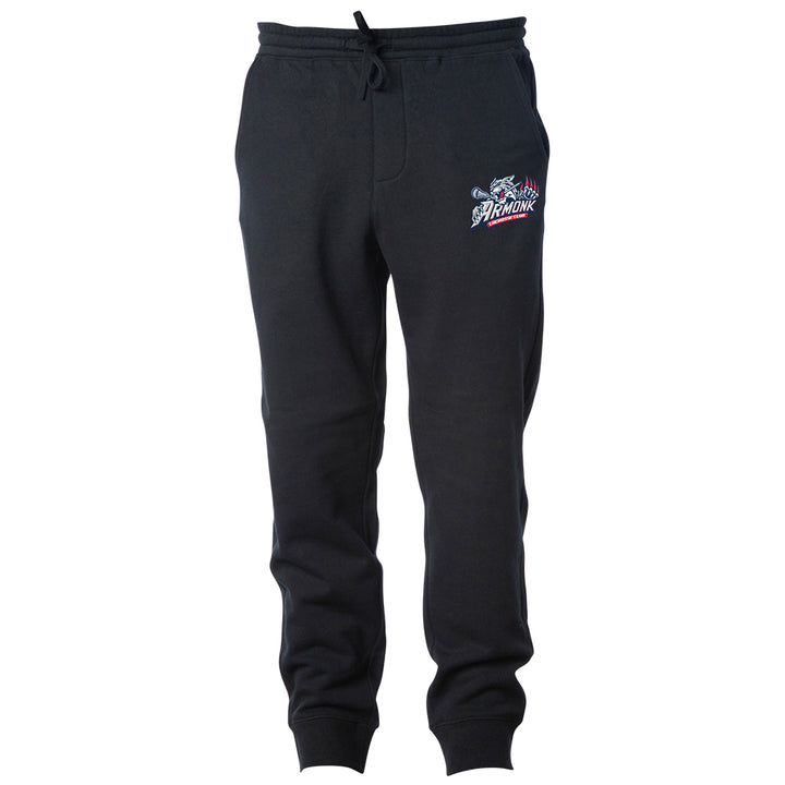 Youth Joggers - Armonk Lacrosse in black, front view, Armonk lacrosse logo with wolf and claw marks