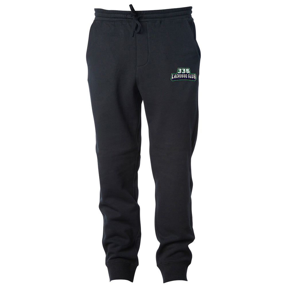 Youth Joggers - 336 Lacrosse Club in black, front view, 336 Lacrosse Club patch on left thigh