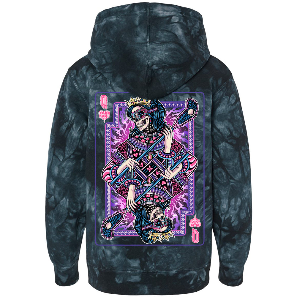 Tie-dye lacrosse hoodie with a colorful graphic of a skeleton playing lacrosse on the back